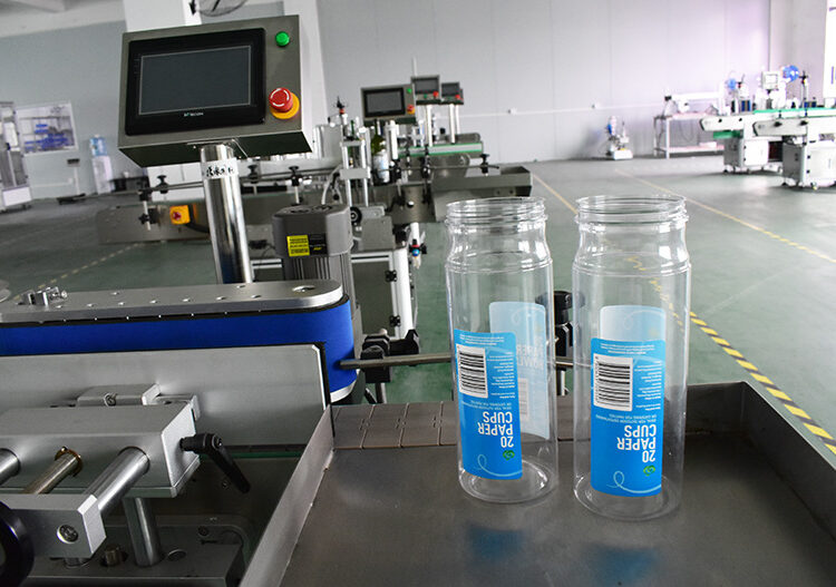 Two labels labeling for bottles made by the wrap around labeler